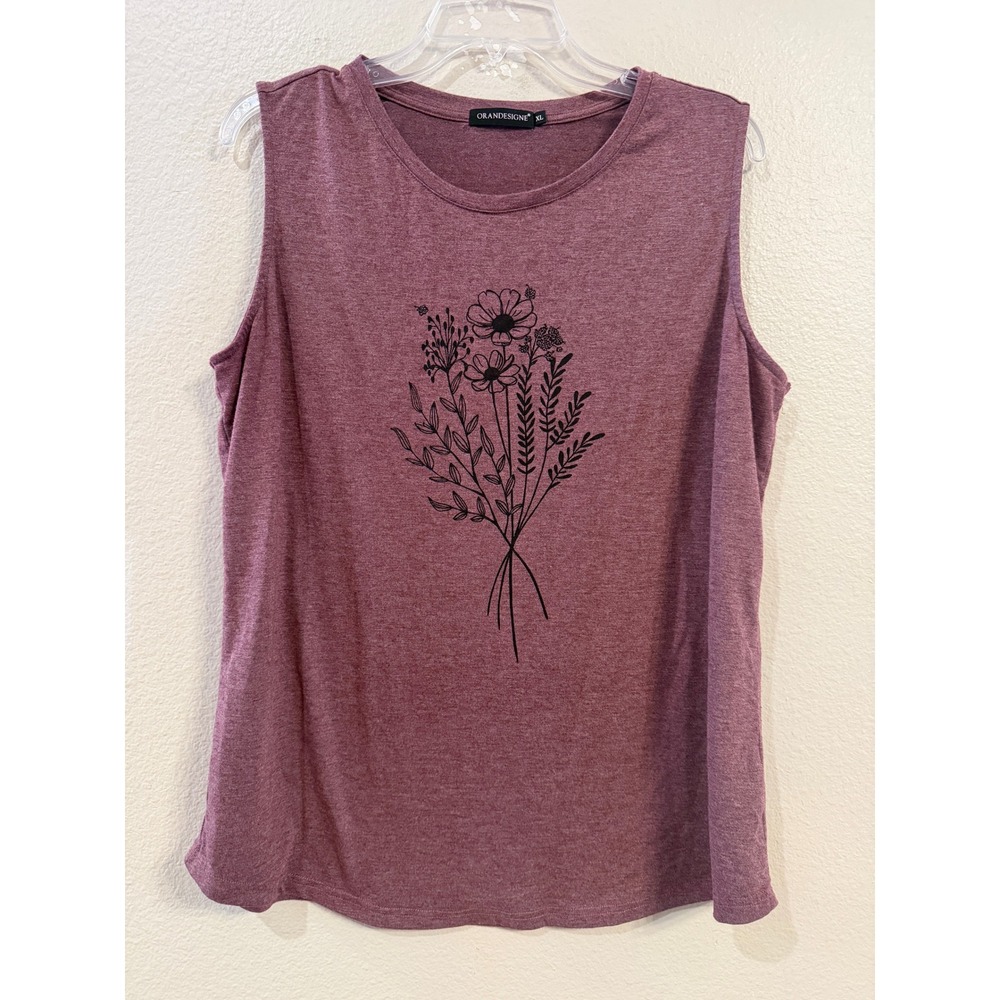 Orandesigne Womens XL Mauve Purple Floral Graphic Sleeveless Tank Top Crew Neck